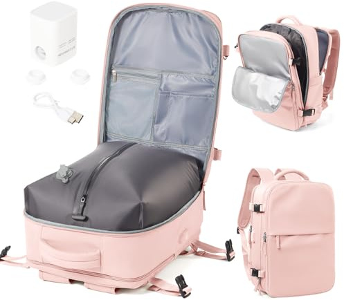 WEPOET Vacuum Backpack Travel with Pump Women, Carry On Laptop Compression Backpack Flight Approved, Ryanair Cabin Bags for Men, Waterproof Travel Bag with Vacuum System(Pink)