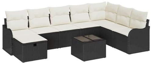 HETFTJN 9-Teiliges Garten-Sofa-Set Schwarz Poly Rattan Modular mit Stauraum Outdoor Lounge Möbel für Terrasse Balkon Garten XXL Sitzgruppe wetterfestes Design für kleine und große Außenbereiche