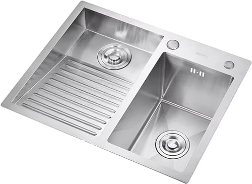 Aioneer Laundry Utility Sink With Washboard Stainless Steel Kitchen Sink Household Pool Balcony Room Wash Basin Easy Clean Double-Bowl-60cm Silver No Faucet