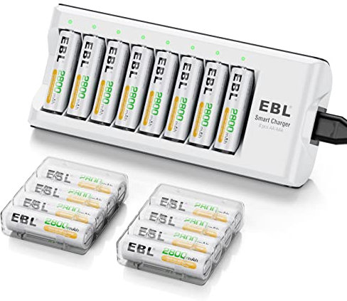 EBL Chargeur de Piles AA/AAA 8 Slots- avec 16PCS AA Piles Rechargeables 2800mAh Haute Capacité avec Boîte de Piles