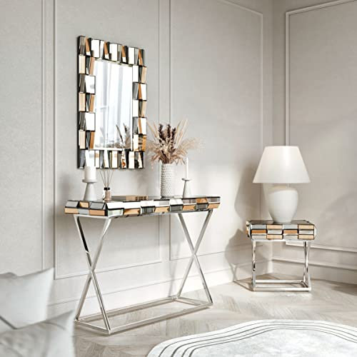 CARME Knightsbridge Collection – Miroir mural – Table console miroir – Table d'appoint miroir avec tiroir combo meubles en verre (lot de 3 miroirs rectangulaires + console et table d'appoint doré)