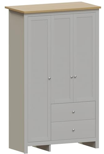 Vida Designs Arlington Wardrobe 3 Door 2 Drawer Bedroom Furniture Clothes Rail Storage (Grey)