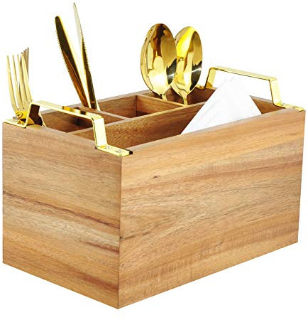 Spiretro Acacia Wood Flatware Caddy - 4 Compartment Silverware Utensil Holder with Golden Metal Handles - 10 W x 6 D x 6.5 H, 2 lbs