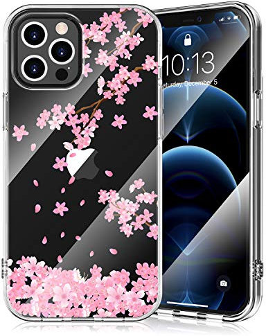 Clear Case with Floral Pattern Design for iPhone 12 Mini 5.4, Raised Edges Hard PC Back + Soft TPU Bumper Protective Phone Cover for iPhone 12 Mini - Pink Cherry Blossom