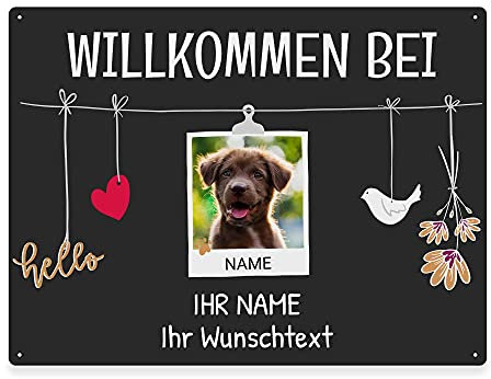 Hunde Schild personalisiert - Willkommen bei - Metallschild mit Foto und Name für außen, wetterfestes Türschild für Hundebesitzer - DIN A5-21 x 15 cm, ein Tier, anthrazit