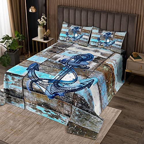 Navigation Anker Tagesdecke 170x210cm,Blaues Ozean Motiv Tagesdecke Set für Kinder Mädchen Schlafzimmer Dekor,Retro Braunes Holzbrett Dekorative Mikrofaser gesteppt mit 1 Kissenbezug,2 Stück