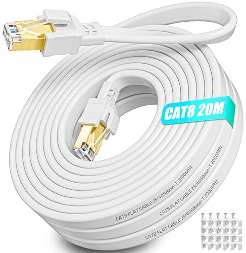 Cavo Ethernet 20 Metri Cat 8 Cavo di Rete ad Alta Velocità Cavo LAN 20 Metri Piatto 20m RJ45 Cavo Internet Gigabit Schermato 40Gbps 2000MHz Bianco Cavo Ethernet Esterni Interno - per Router Modem