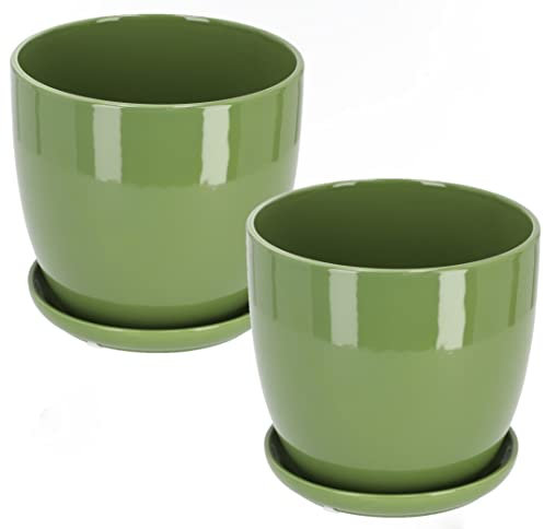 KOTARBAU® 2er Set Keramik Blumentopf Übertopf für Blumen Pflanzen ⌀ 13 cm mit Tropfschale Grün