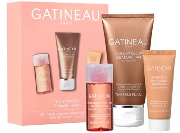 GATINEAU The Glow Edit Discovery Collection | Travel skincare gift set with gradual tan, Glow Tonique and enzyme exfoliating gommage. Helps create radiant glowing skin