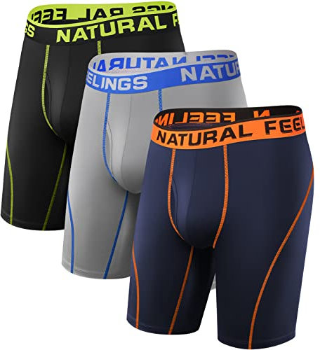 Natural Feelings Sport Boxershorts Herren Unterwäsche Herren Unterhosen mit Eingriff 9in Polyester Boxershorts Lang 3er Pack-Silber/Blau/Schwarz XL