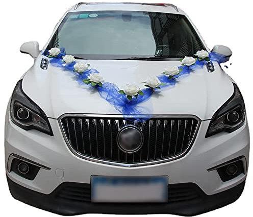 Tiardey Hochzeit Auto Blumen Dekoration Künstliche Rose Blumen Band Hochzeit Auto Dekoration Blumen Girlande für Hochzeitsfeier - Blau