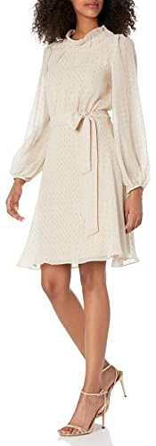DKNY Damen Balloon Sleeve Ruffled Dress with Belt Kleid