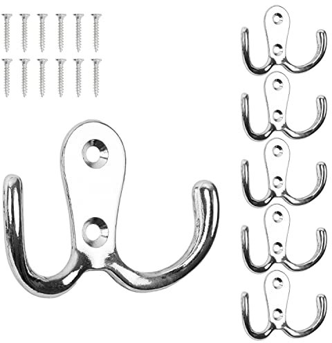 Haken zum Schrauben, 6 Stück, in Silber, Außen 54 x 40 x 15 mm, Doppelhaken inkl. Holzschrauben, Garderobenhaken für Tür, Bad, Küche, Flur, DIY Metallhaken, Mantelhaken, Huthaken, Wand Schraubhaken