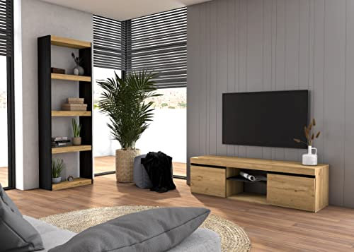 Skraut Home Ensemble de Salon Naturale-Salle à Manger-Bureau-Mobilier Modulaire-Meuble TV 140cm-Bibliothèque/Etagère Couleur Chêne/Noir-Style Moderne…, 180x140x40