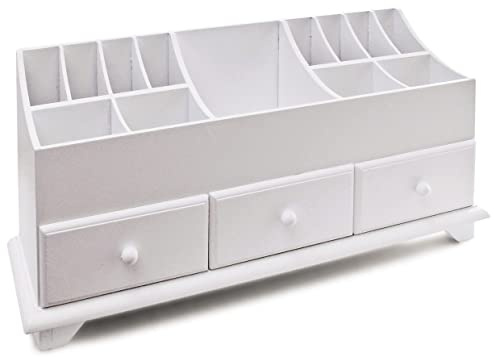 Wooden Cosmetic Cabinet – Versatile White Desktop or Dressing Table Organiser with Divided Sections & 3 Drawers – Ideal for Storing Stationary, Pens, Brushes, Jewellery, Hair & Makeup Accessories