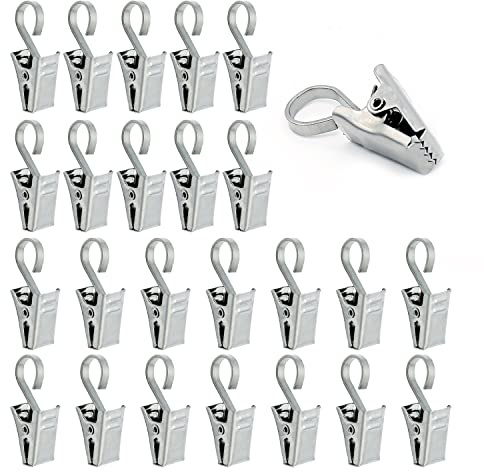 NINVVS 24 Pcs Set of Curtain Clips,Stainless Steel Curtain Hooks,Multi-function Curtain Entrainment Hooks,Bath Curtain Rod Hook Clips,Used to Hang Curtains,Light Chains,Photos,Silver,3*2*0.5cm (CLJ)