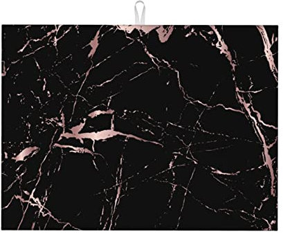 Abtropfmatte Roségold Schwarz Marmor für Küchentheke, saugfähig, 45,7 x 61 cm, Mikrofaser, Geschirr, Teller, Glas, Trockenabtropfkissen, wendbar, waschbar
