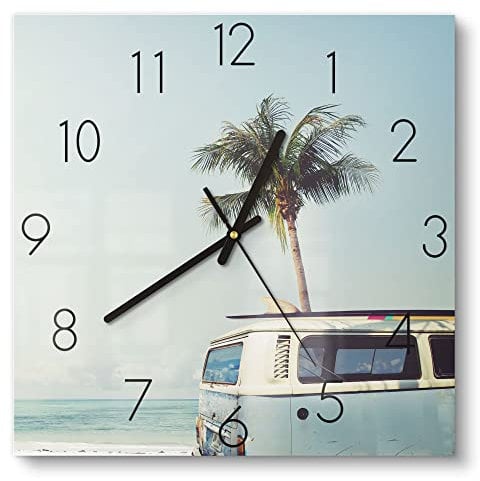 DEQORI Glasuhr | 30x30 cm | Motiv Surfer-Bus am Strand | ausgefallene leise Design Uhr aus Glas | Wanduhr für Wohnzimmer & Küche | Moderne Hingucker Uhr für die Wand