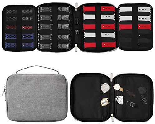 Pinsheng Uhrenarmband Organizer, 20-32 Riemen Spritzfest Uhrenarmbänder Tasche Erweiterbar Uhrenarmband Aufbewahrungstasche Hält für Uhrenarmbänder Uhren Stifte Ladekabel (Grau)