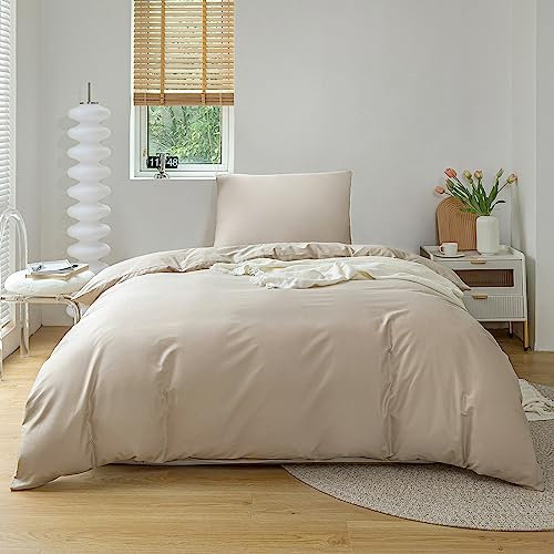 Bettwäsche 155x220 Baumwolle Beige - 2teilig Bettwäsche Set Superweich Atmungsaktiv aus 100% Baumwolle 1X Bettbezug 155x220cm + 1X Kissenbezug 80x80cm mit Reißverschluss - Beige