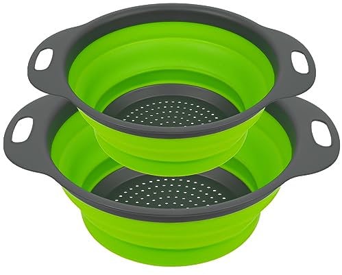 AUAUY 2 PCS Collapsible Colander Set, Round Silicone Folding Colander with Plastic Handles, Eco-Friendly Large Hole Kitchen Strainer for Draining Pasta Vegetables Fruits-1 Large and 1 Small