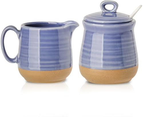 Hasense Sugar and Creamer Set with Lid Spoon, Porcelain Cream Container and Sugar Bowls Set for Countertop, Vintage Coffee Serving Set, Sugar Holder and Creamer Pitcher Set for Home Decor, Sky Blue