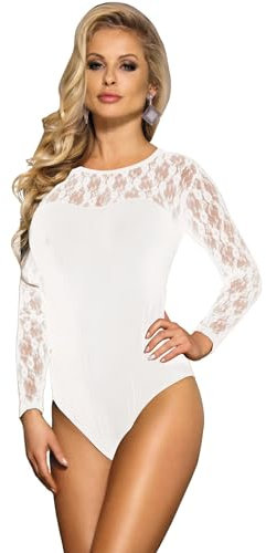 ohyeahlady Women's Bodysuits Sexy Mesh Lace Lingerie Long Sleeve Leotard Body Suit White Jumpsuit Clubwear Tops Plus Size UK 14