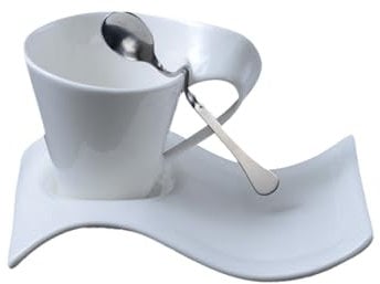 soulnioi 3PCS Cappuccino Set (Cup+Spoon+Saucer), Wave Shaped White Saucers Mug Cup for Latte Coffee Cappuccino, for Arty Kitchen Home Breakfast Cutlery (200ML Cup)