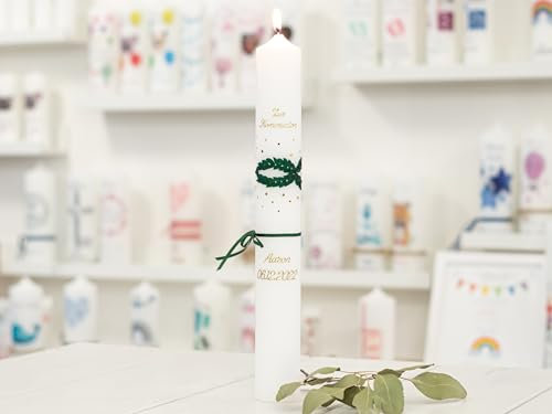 meinkerzenshop Kommunionkerze Aaron personalisiert mit Name und Datum, individuell und mit Echtwachs handverziert für Junge und Mädchen