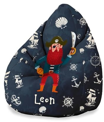 DreamRoots Sitzsack Kinder personalisiert 70x70x105, Pirate | Personalisierte Geschenke Kinder, Bean Bag, Kindersitzsack, Kinderzimmer, mit Füllung, Sitzkissen Boden