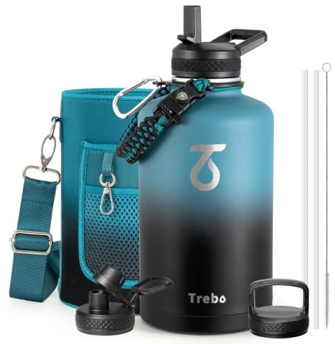 Trebo Insulated Water Bottle 2.5 L Stainless Steel with Paracord Handle | Triple Wall Vacuum, Large Metal Gallon Jug with Straw & Spout & Wide Mouth Lids, Pouch, Cold 48 Hrs, Dishwash safe, BPA-free