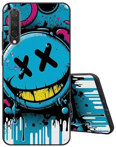 Sinyunron Handyhülle Kompatibel mit Xiaomi Mi 9 Lite Hülle Silikon Schwarz Matte Rückseite Schutzhülle mit Muster,Weiche Stoßfest Kratzfest Schlanke TPU Softschale Case,Blaues Emoji