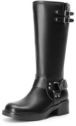 DREAM PAIRS Stivali da moto da donna, al ginocchio, con cerniera laterale, punta quadrata, tacco basso, alla moda, fibbie, stivali da motociclista, Poliuretano nero., 37.5 EU