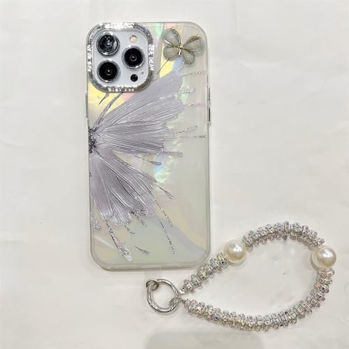 Emlivi Case for iPhone 15 with Pearls Bracelet Butterfly Chain Mobile Phone Case Glitter Aesthetic Protective Case Cute 3D Pattern Bumper Cover Soft Silicone TPU Women Girls Case for iPhone 15, Blue