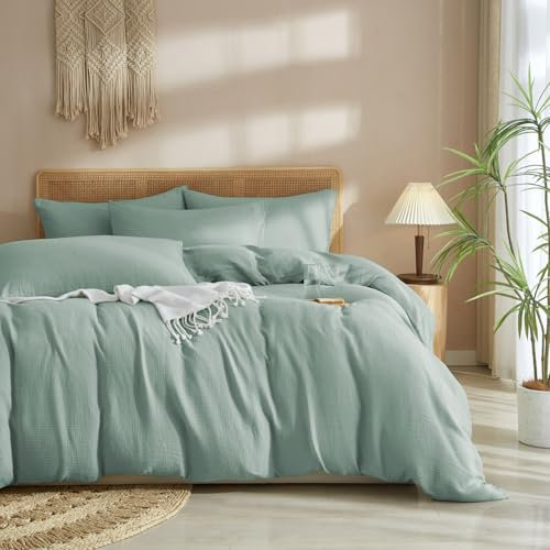 Luofanfei Housse de Couette Gaze de Coton 220x240 Vert Menthe 2 Personnes Mousseline Coton Adulte Unie Parure de Lit Moderne Douceur Housse Couette avec Fermeture Éclair avec Taies d'oreiller 65x65