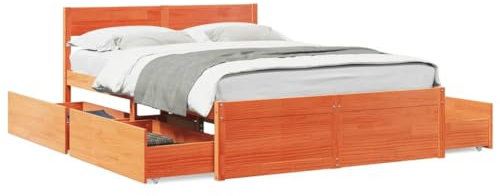 vidaXL Massivholzbett, Holzbett Bett mit Schubladen Kopfteil, Bettgestell Bettrahmen mit Lattenrost, Doppelbett für Schlafzimmer, Wachsbraun 140x190cm Kiefer