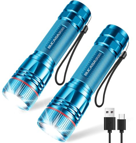 BUCASA Taschenlampe LED Aufladbar, 2000 Lumen Extrem Hell LED Taschenlampe mit 3 Modi, 2 Stück Zoombare Taschenlampe Kinder, Wasserdicht Langer Laufzeit Flashlight für Camping Outdoor Notfäll (Blau)