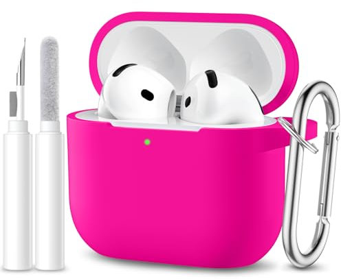 Maledan Coque Compatible avec AirPods 4 Case 2024, Étui Protection Antichoc en Silicone Souple pour Apple AirPods 4ème Generation Housse avec kit de Nettoyage et Mousqueton [LED Visible], RoseFoncé