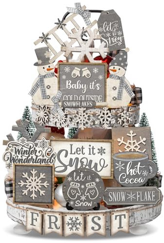 Nuogo 25 Pcs Winter Tiered Tray Decor Wood Rustic Winter Decoration for Home Snowflake Table Shelf Christmas Farmhouse let it Snow Decor Xmas Snowman Signs for Table Holiday