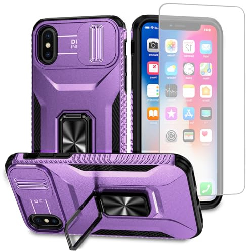 Vavies Handyhülle für iPhone XS Max Hülle mit gehärtetem Glas Displayschutz, Schiebe-Kameraabdeckung und Magnetring Schutzhülle für iPhone XS Max Lila