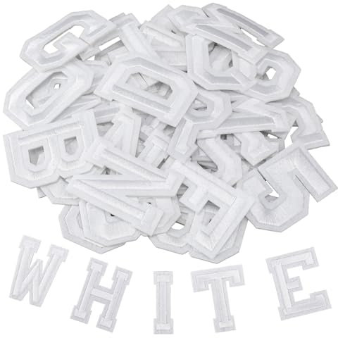 72Pcs Iron on Letters and Numbers Patches, White Embroidered Patches Alphabet Letters A-Z Numbers 0-9 Applique for Hats Shirts Jeans Clothes Bags DIY Accessories