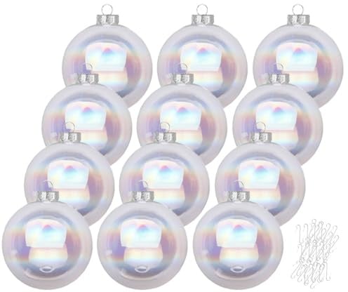 Inge Glas große Weihnachtskugeln mit Haken | Christbaumkugeln aus Glas | Set 12 Kugeln 8cm groß und 40 Aufhänger | Christbaumschmuck Weihnachtsbaumkugeln (Dazzling Whisper | Irisierend)
