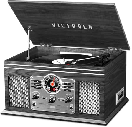 Victrola Quincy - 6-in-1 Bluetooth Record Player - Grey | Plays vinyl, CD, cassette and FM radio through built-in stereo speakers, Bluetooth and aux streaming, headphone jack