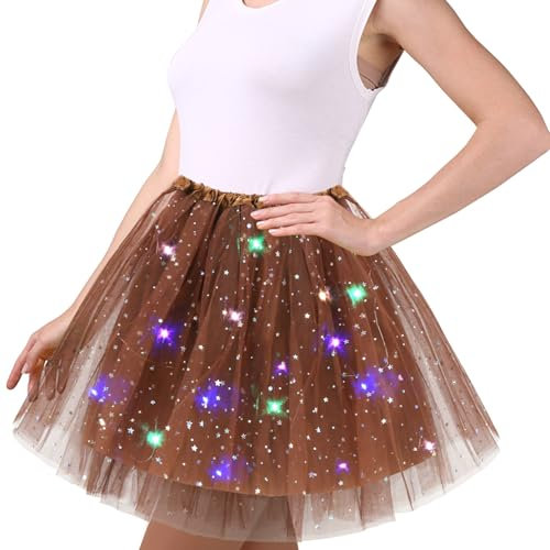 Braun Tüllrock Damen, 45cm Sterne Pailletten Tanzkleid, Dehnbaren Minirock Mit LED Lichter, Erwachsene Tütü Rock Ballettrock für Fasching Halloween Karneval Party, Ballett Tanzen Dress Teenager
