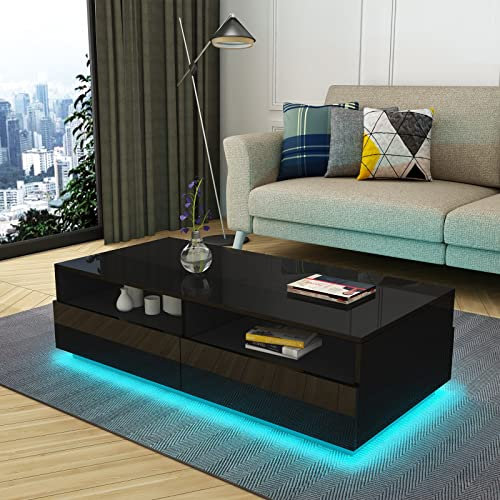 Komtopod Modern Coffee Table with 4 Drawers, Wooden Centre Living Room Table, Rectangular Coffee Table with Storage, High Gloss Finish, 85 x 55 x 35 cm, Black with LED Light