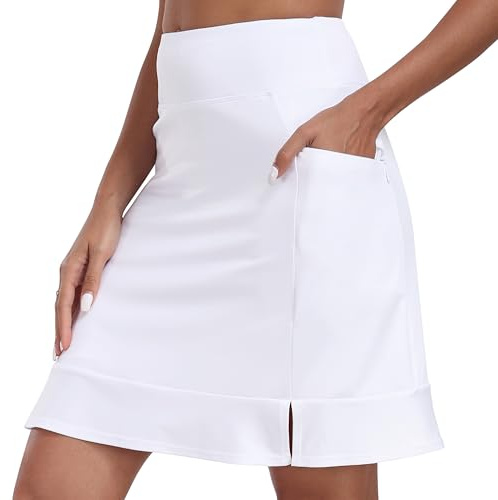 MoFiz Women's Tennis Skirt with Shorts Ladies Golf Skorts with Pockets Above Knee Length Elasitc Waisted Sports Active Athletic Golf Skirts White Size US L