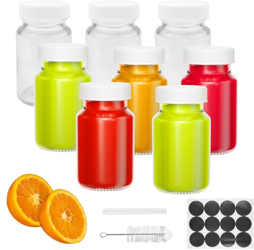 Fervalyna 8 Pcs Mini Bouteille Verre, Pots Yaourts avec Couvercle, Petite Pot Verre, Bouteilles Jus de Fruit, avec Étiquette, Brosse et Stylo, Portable Pour Jus de Fruits, Jus de Gingembre, 60ml