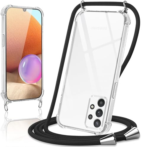 Coiwxmoi Handyband Handyhülle für Samsung Galaxy a32 5g Hülle mit Band 6,5,Transparent Case mit Kette Abnehmbar zum Umhängen Kordel Schutzhülle,Weich Silikon Stoßfest Cover,Schwarz