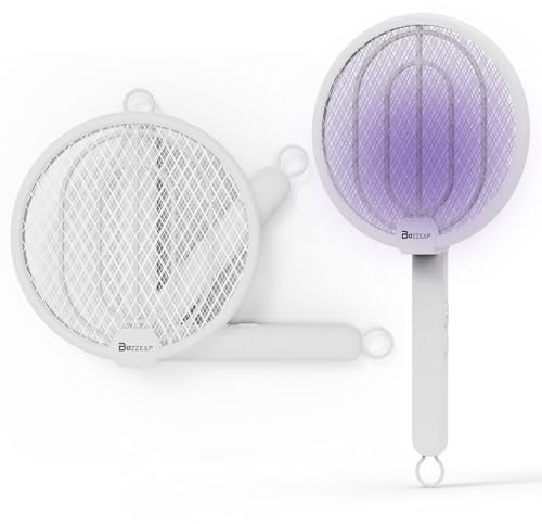 Buzzeap Raqueta Matamoscas Electrica 2 en 1 con luz UV - Eliminador de mosquitos de alto voltaje de 4000 V, batería recargable de 1500 mAh, plegable y ligero para uso en interiores, dormitorio, cocina