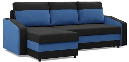 Mebligo - Ecksofa mit Schlaffunktion und Bettkasten Orion, Eckcouch Universelle Seite, Sofa L Form (BxTxH) 231 x 140 x 85 cm, Couch Wohnzimmer, Ecke Sofa, Schwarz + Dunkelblau (Mikro 15 + Mikro 36)